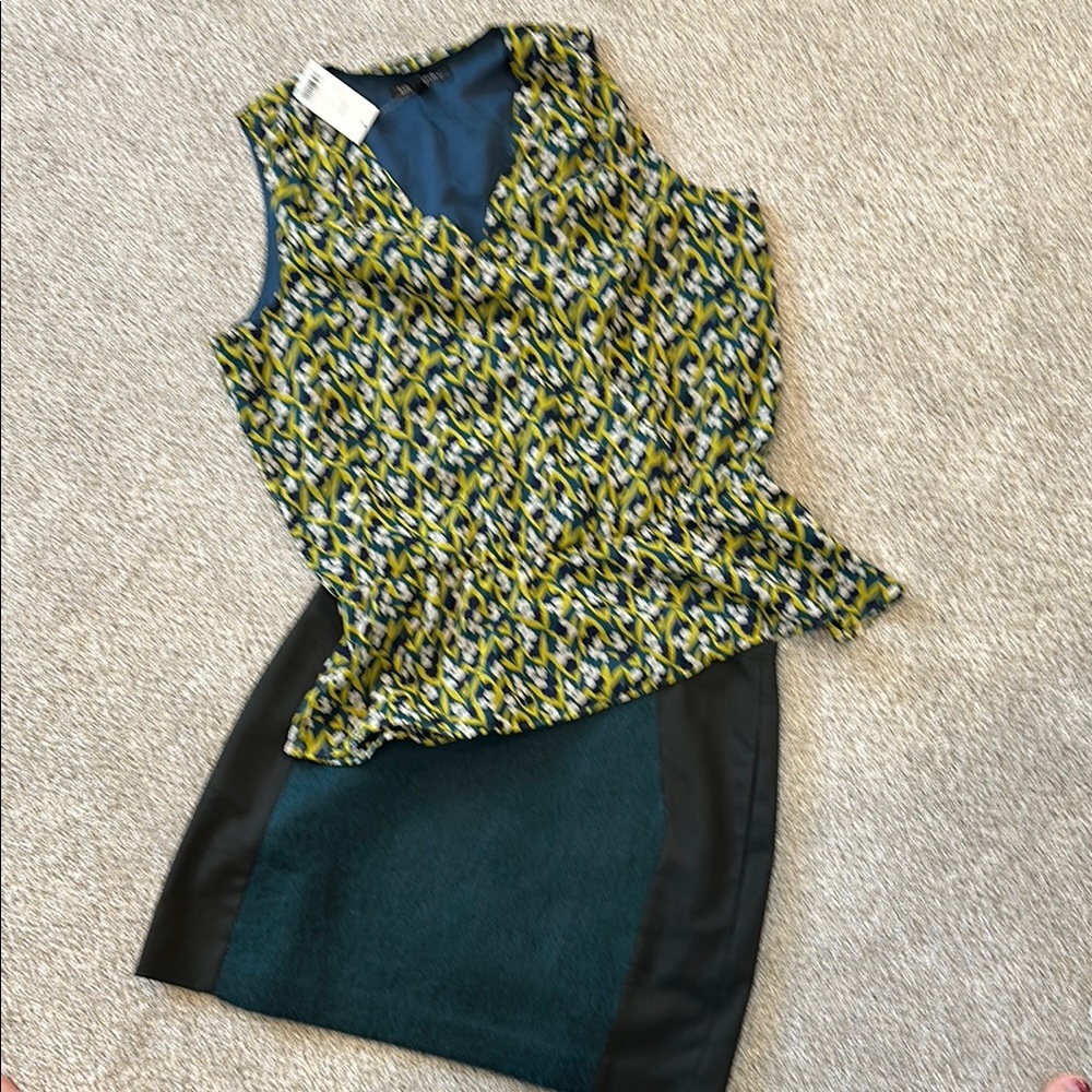 Banana Republic Outfit. Colorful Shirt + Green and Black Mini Skirt